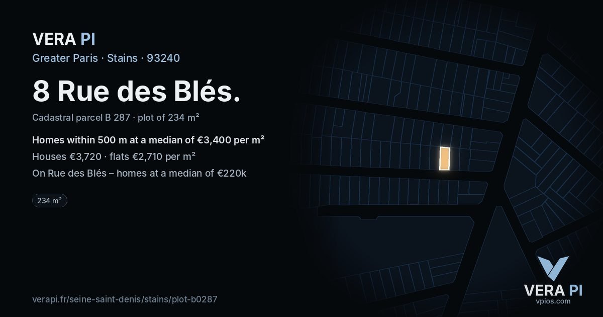 8 Rue des Blés, Stains at night – the plot lit, the parcels around coloured by the prices near them