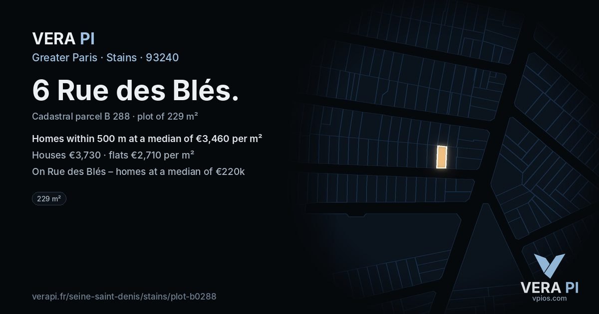 6 Rue des Blés, Stains at night – the plot lit, the parcels around coloured by the prices near them