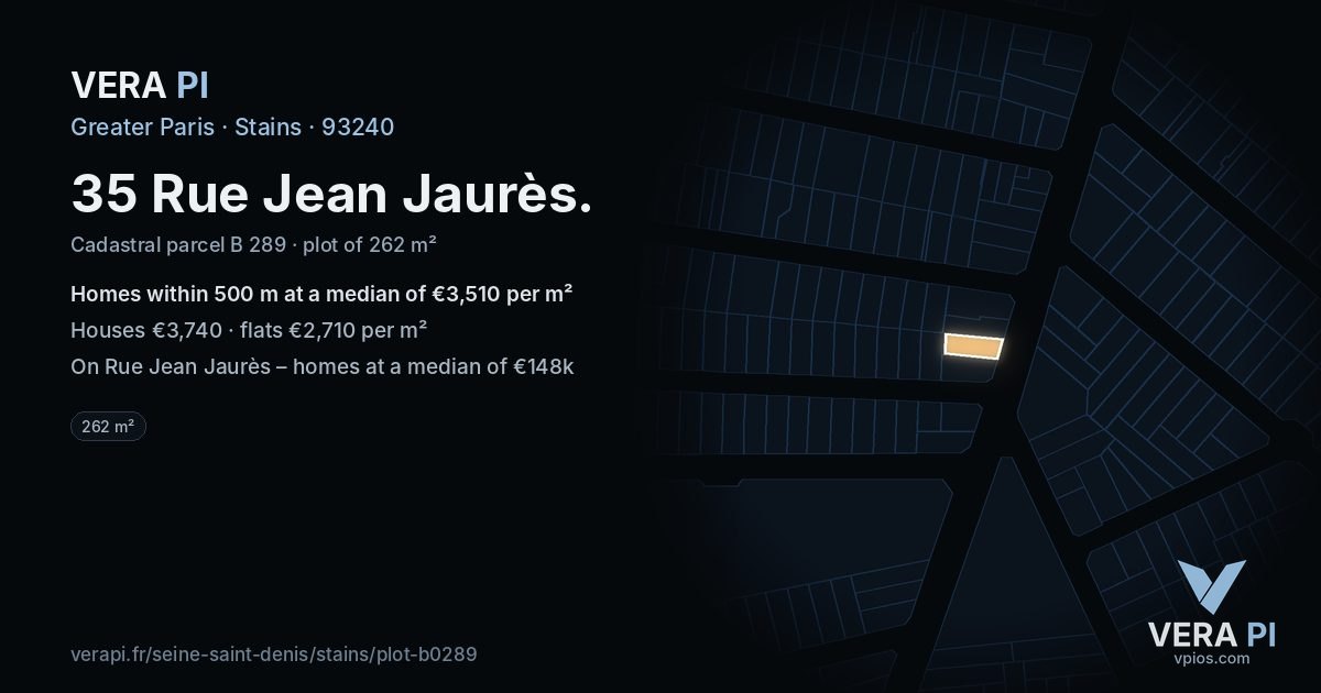 35 Rue Jean Jaurès, Stains at night – the plot lit, the parcels around coloured by the prices near them