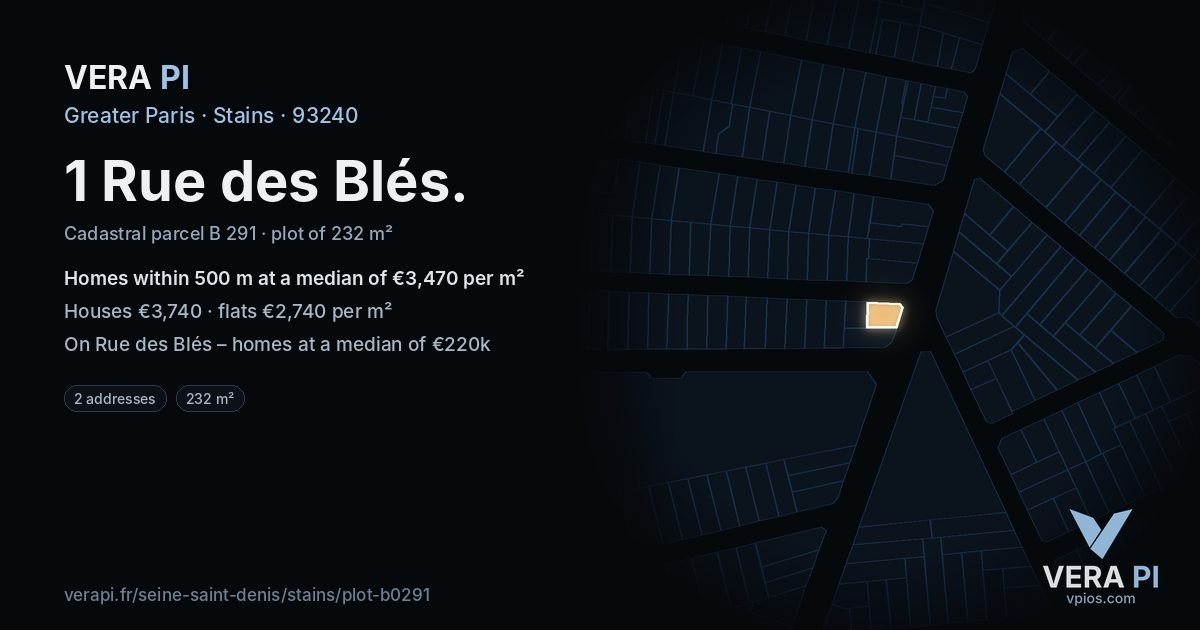 1 Rue des Blés, Stains at night – the plot lit, the parcels around coloured by the prices near them