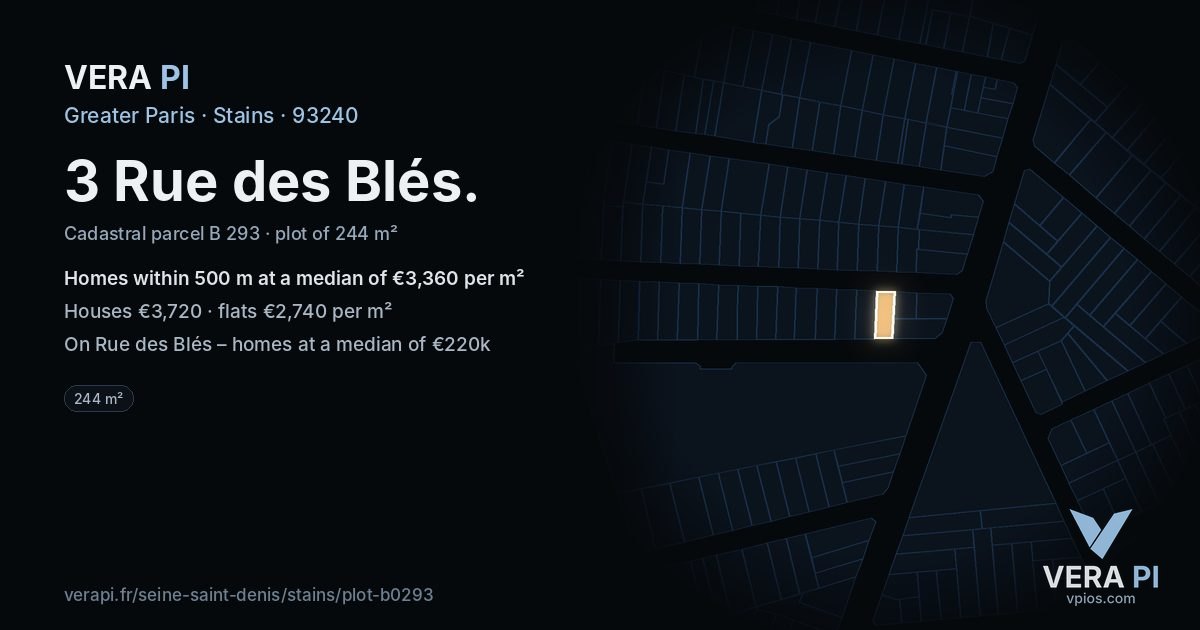 3 Rue des Blés, Stains at night – the plot lit, the parcels around coloured by the prices near them