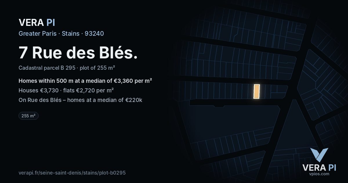 7 Rue des Blés, Stains at night – the plot lit, the parcels around coloured by the prices near them