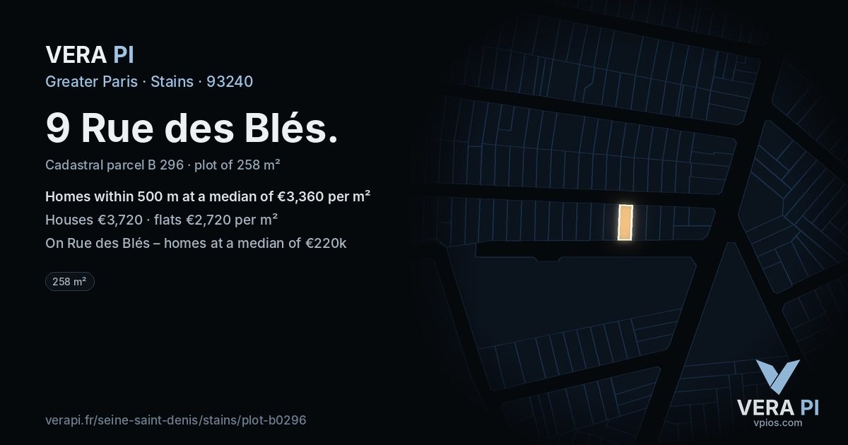 9 Rue des Blés, Stains at night – the plot lit, the parcels around coloured by the prices near them