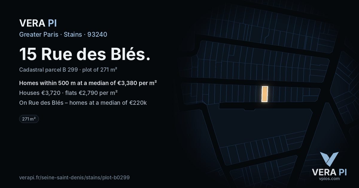 15 Rue des Blés, Stains at night – the plot lit, the parcels around coloured by the prices near them