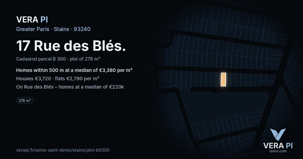17 Rue des Blés, Stains at night – the plot lit, the parcels around coloured by the prices near them