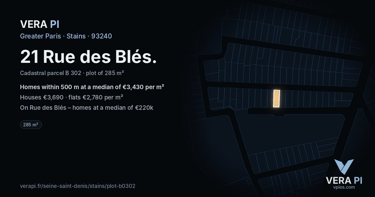 21 Rue des Blés, Stains at night – the plot lit, the parcels around coloured by the prices near them