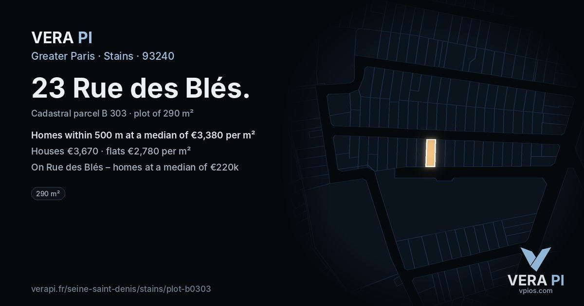 23 Rue des Blés, Stains at night – the plot lit, the parcels around coloured by the prices near them