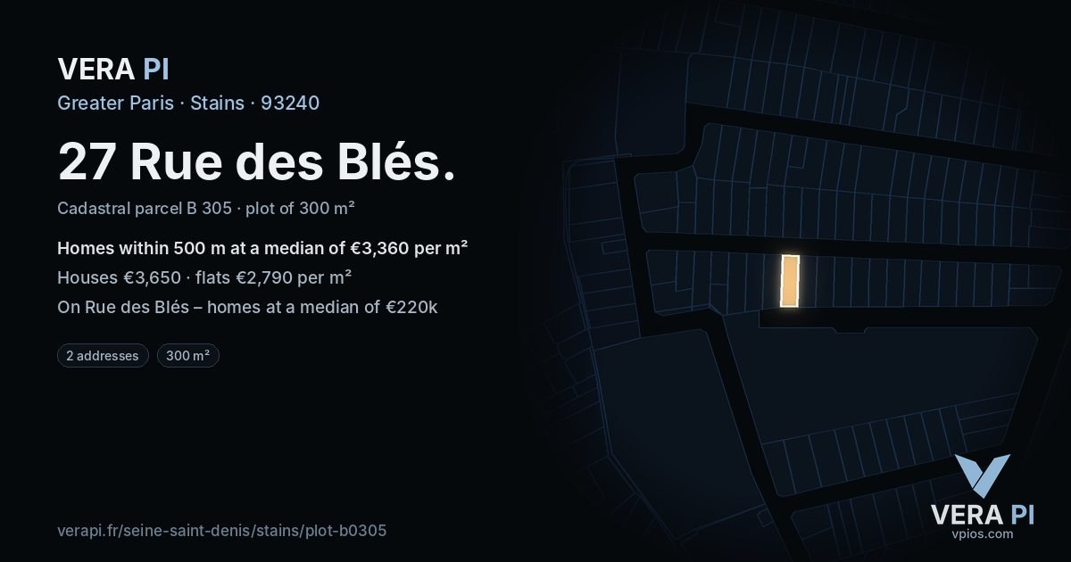 27 Rue des Blés, Stains at night – the plot lit, the parcels around coloured by the prices near them