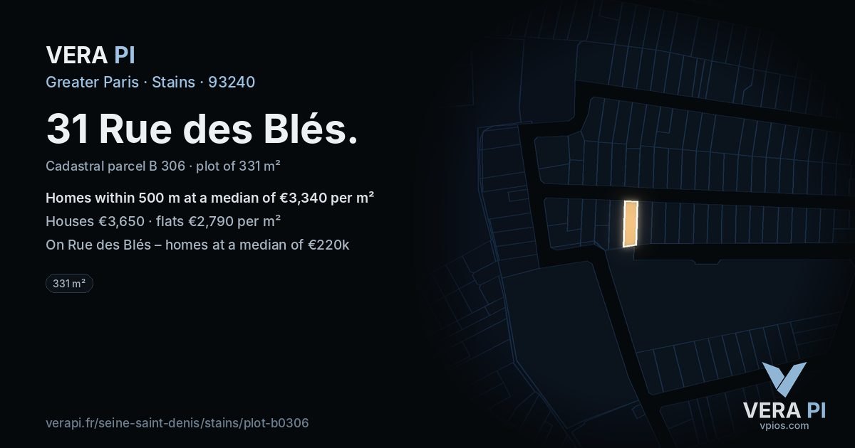 31 Rue des Blés, Stains at night – the plot lit, the parcels around coloured by the prices near them