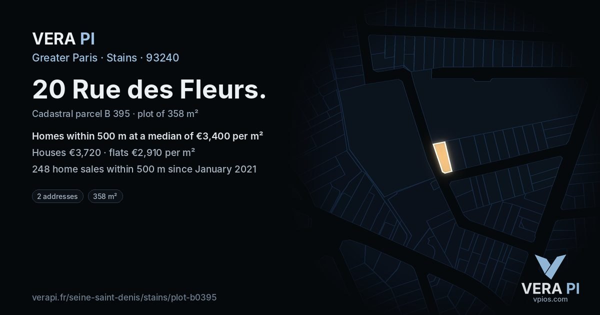 20 Rue des Fleurs, Stains at night – the plot lit, the parcels around coloured by the prices near them