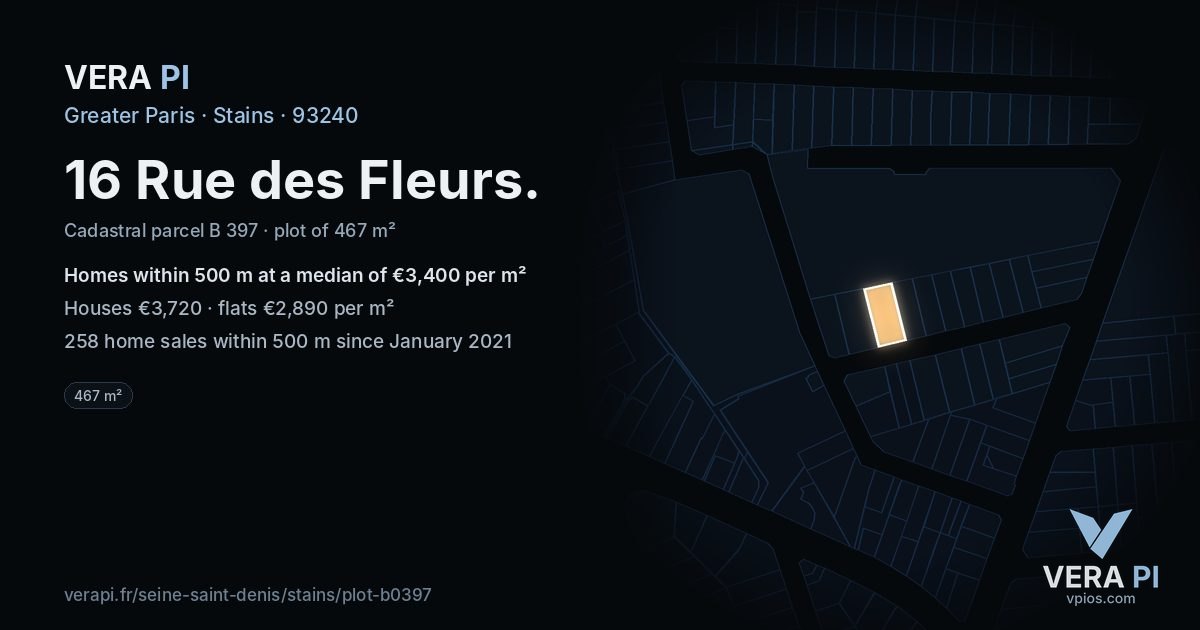 16 Rue des Fleurs, Stains at night – the plot lit, the parcels around coloured by the prices near them