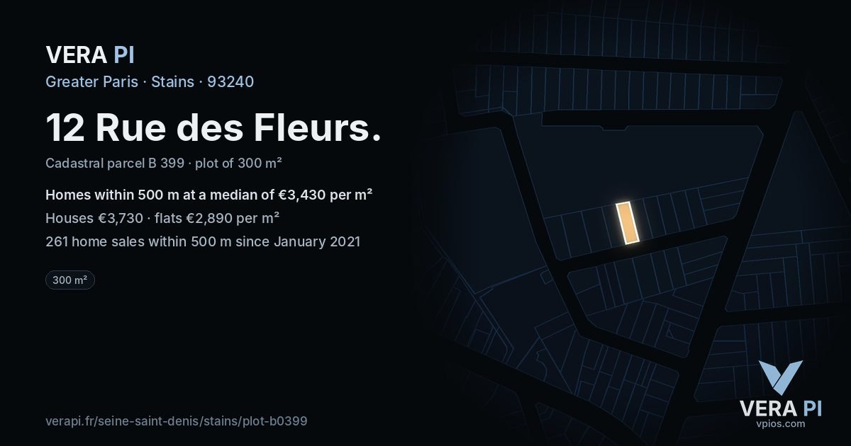 12 Rue des Fleurs, Stains at night – the plot lit, the parcels around coloured by the prices near them