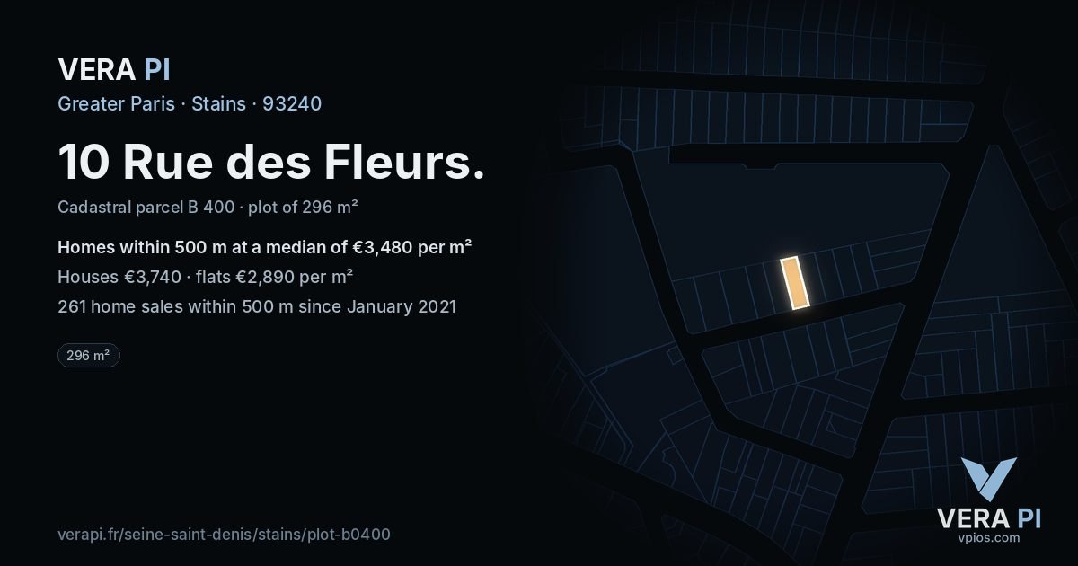 10 Rue des Fleurs, Stains at night – the plot lit, the parcels around coloured by the prices near them
