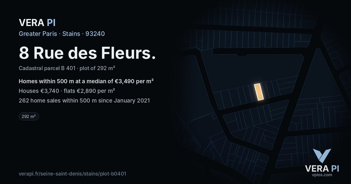8 Rue des Fleurs, Stains at night – the plot lit, the parcels around coloured by the prices near them