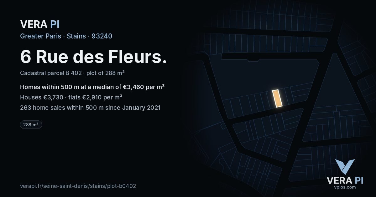 6 Rue des Fleurs, Stains at night – the plot lit, the parcels around coloured by the prices near them