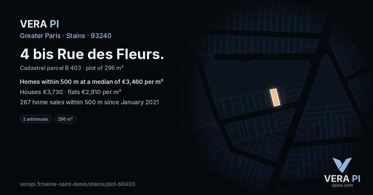 4 bis Rue des Fleurs, Stains at night – the plot lit, the parcels around coloured by the prices near them