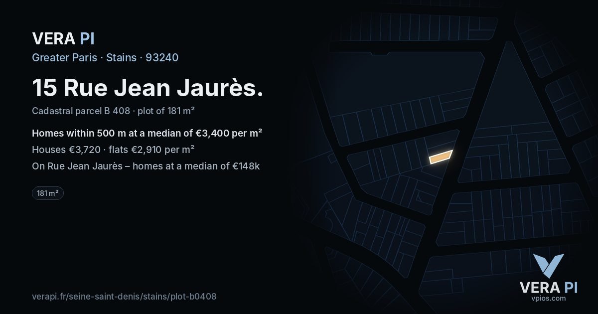 15 Rue Jean Jaurès, Stains at night – the plot lit, the parcels around coloured by the prices near them