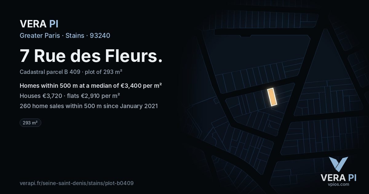 7 Rue des Fleurs, Stains at night – the plot lit, the parcels around coloured by the prices near them