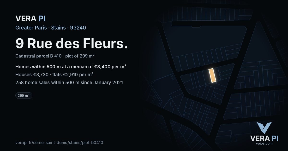 9 Rue des Fleurs, Stains at night – the plot lit, the parcels around coloured by the prices near them