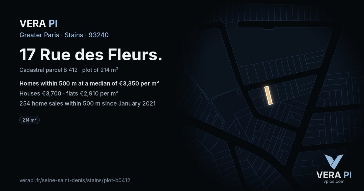 17 Rue des Fleurs, Stains at night – the plot lit, the parcels around coloured by the prices near them