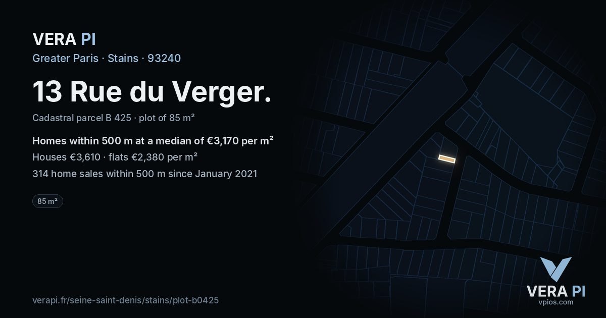 13 Rue du Verger, Stains at night – the plot lit, the parcels around coloured by the prices near them