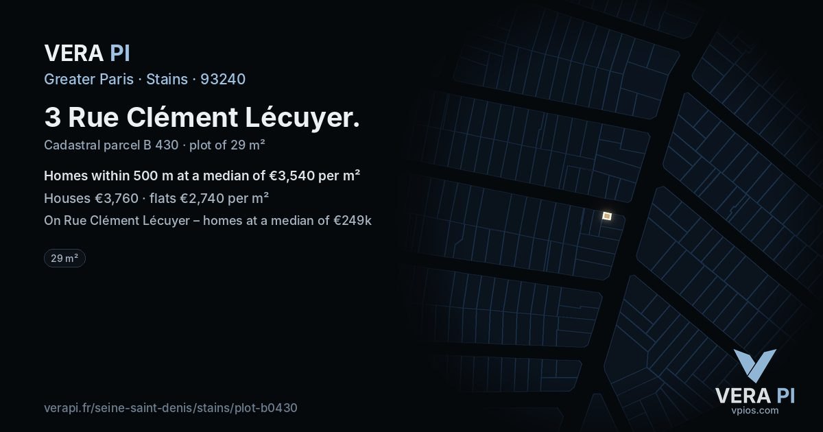 3 Rue Clément Lécuyer, Stains at night – the plot lit, the parcels around coloured by the prices near them