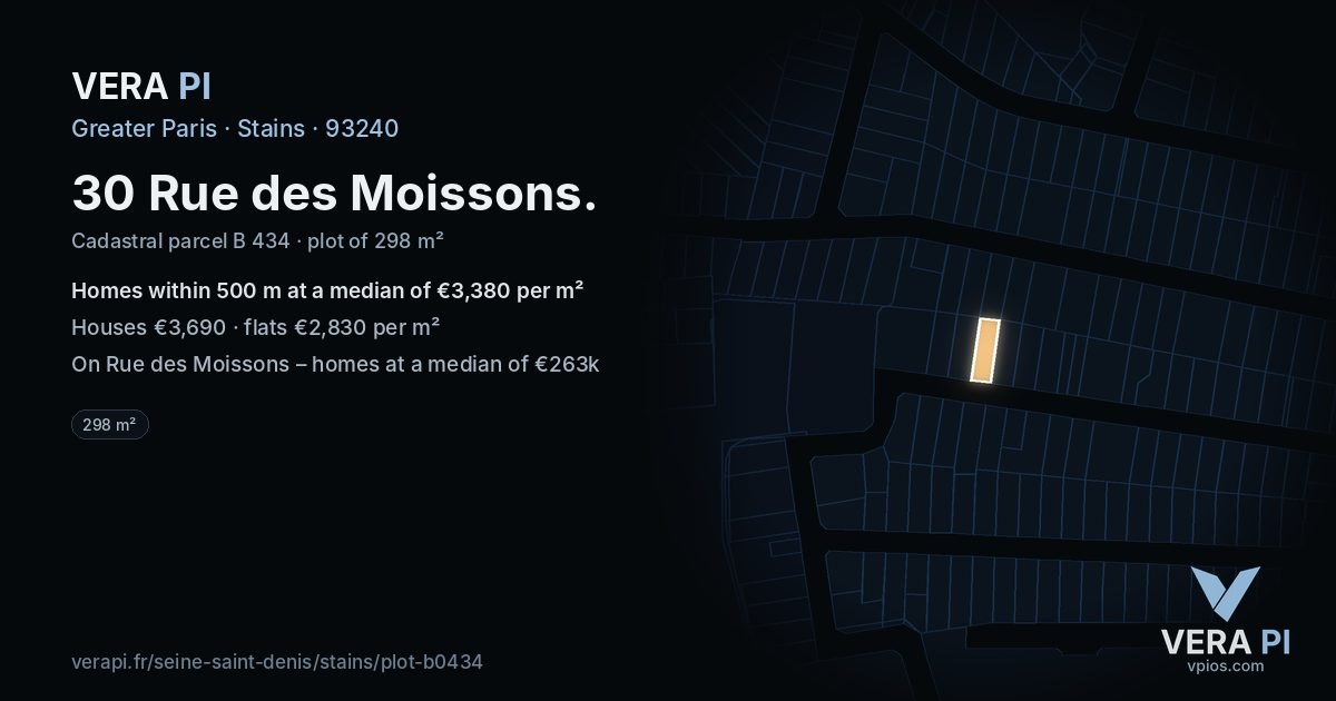 30 Rue des Moissons, Stains at night – the plot lit, the parcels around coloured by the prices near them