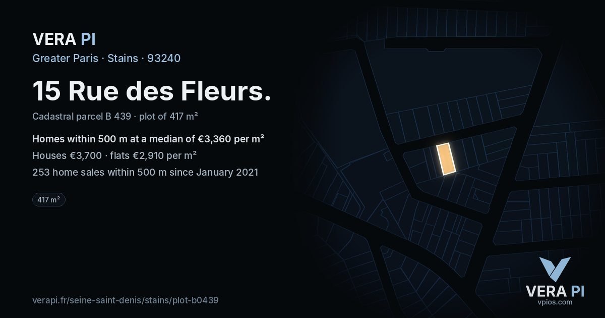 15 Rue des Fleurs, Stains at night – the plot lit, the parcels around coloured by the prices near them