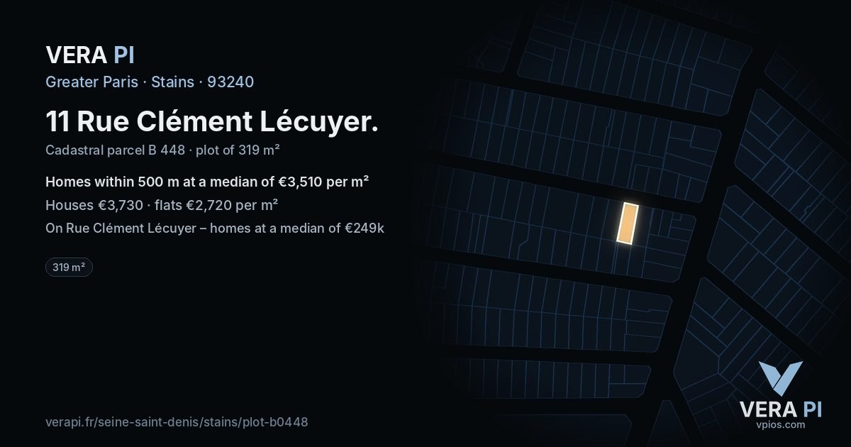 11 Rue Clément Lécuyer, Stains at night – the plot lit, the parcels around coloured by the prices near them