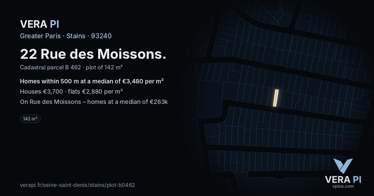 22 Rue des Moissons, Stains at night – the plot lit, the parcels around coloured by the prices near them
