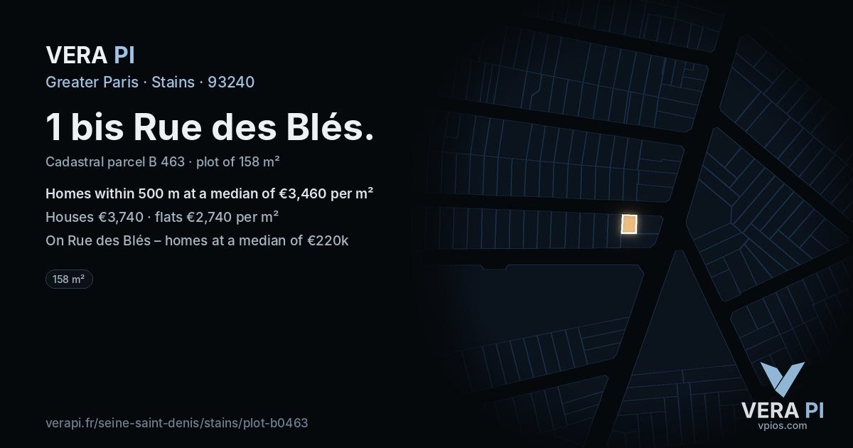 1 bis Rue des Blés, Stains at night – the plot lit, the parcels around coloured by the prices near them