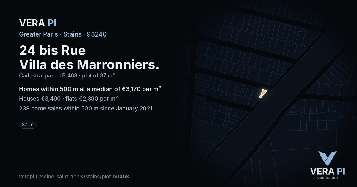 24 bis Rue Villa des Marronniers, Stains at night – the plot lit, the parcels around coloured by the prices near them