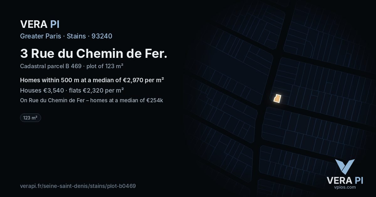 3 Rue du Chemin de Fer, Stains at night – the plot lit, the parcels around coloured by the prices near them