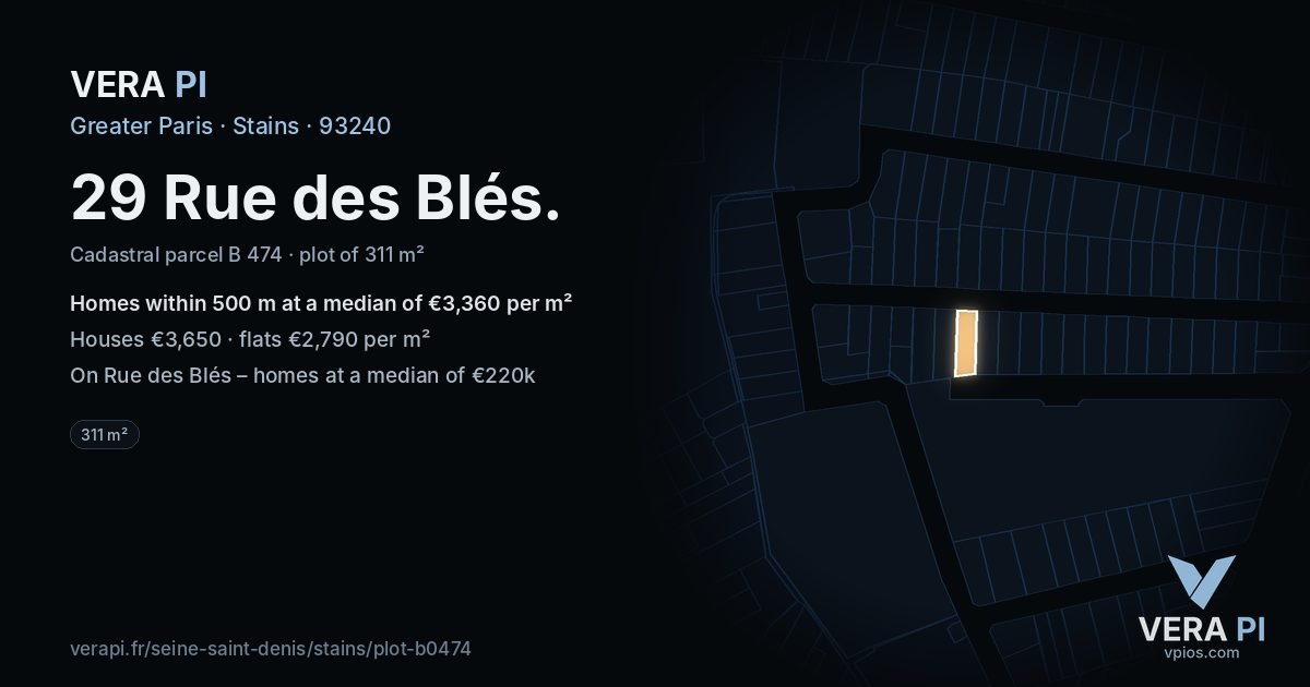 29 Rue des Blés, Stains at night – the plot lit, the parcels around coloured by the prices near them
