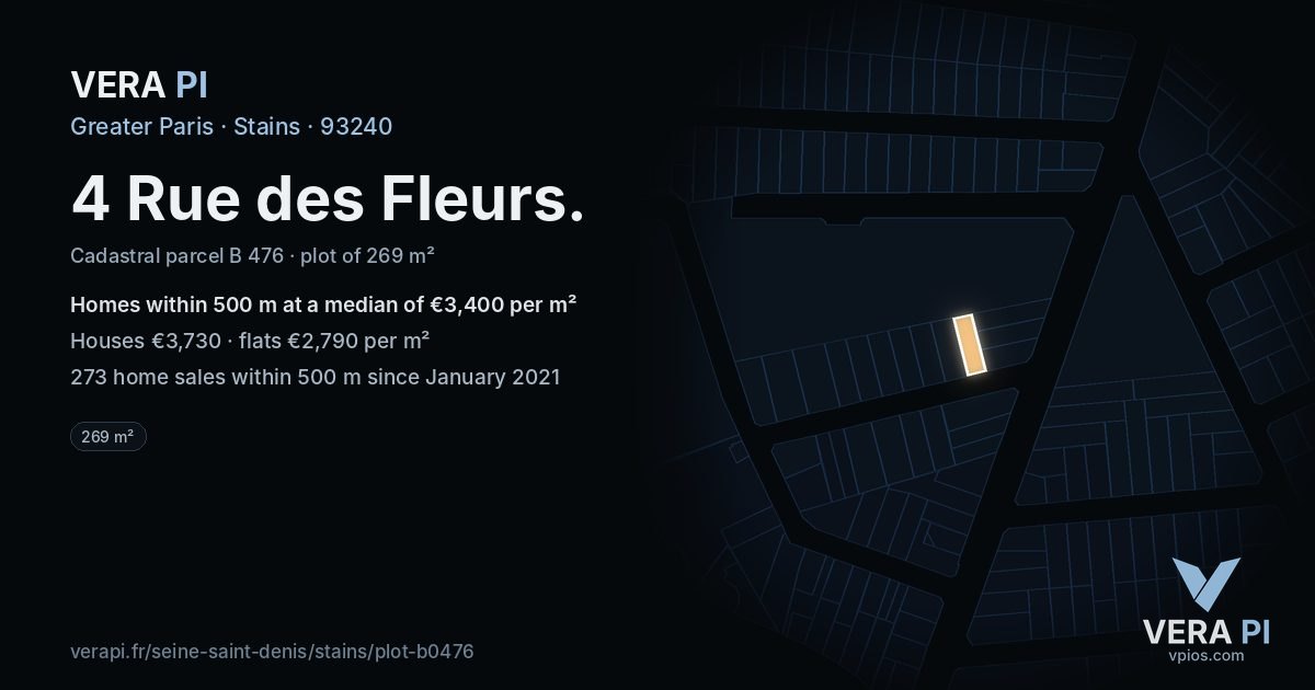 4 Rue des Fleurs, Stains at night – the plot lit, the parcels around coloured by the prices near them