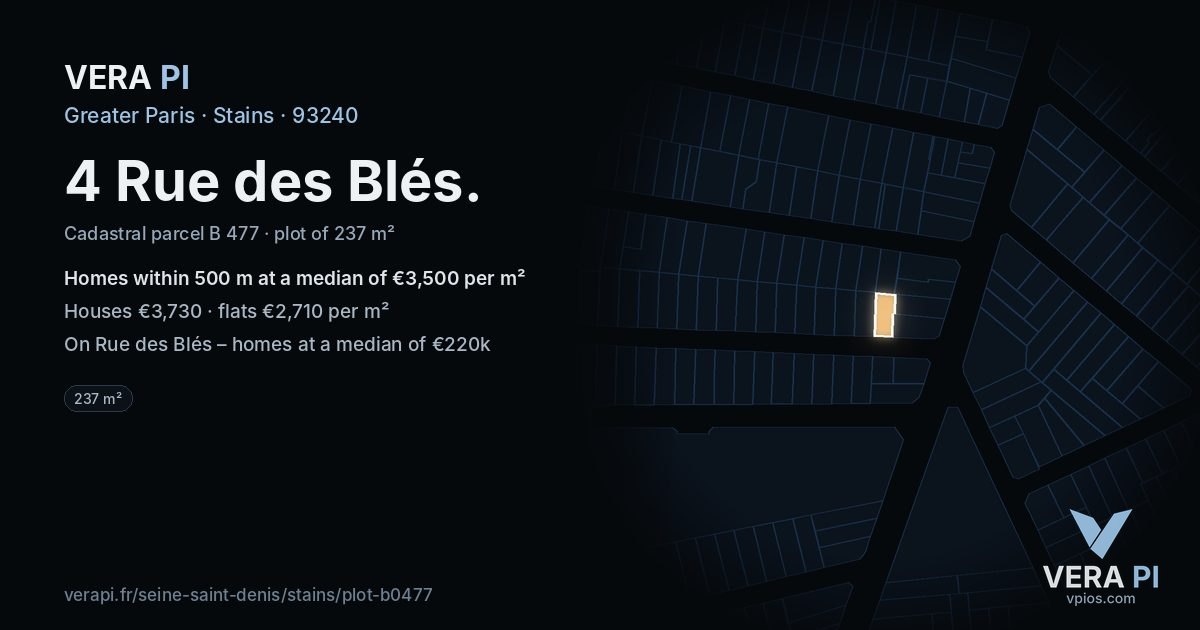 4 Rue des Blés, Stains at night – the plot lit, the parcels around coloured by the prices near them