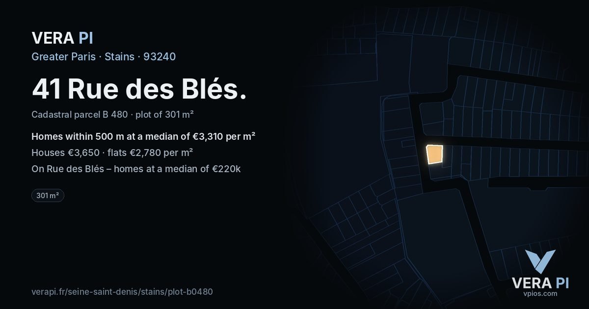 41 Rue des Blés, Stains at night – the plot lit, the parcels around coloured by the prices near them