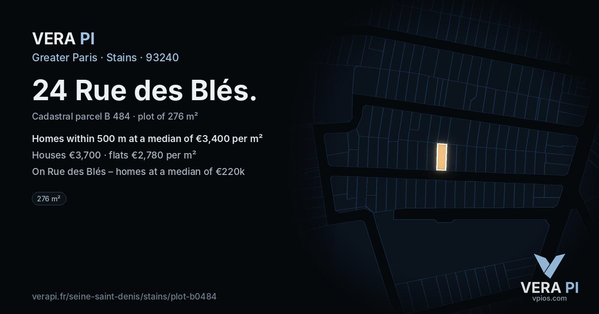 24 Rue des Blés, Stains at night – the plot lit, the parcels around coloured by the prices near them