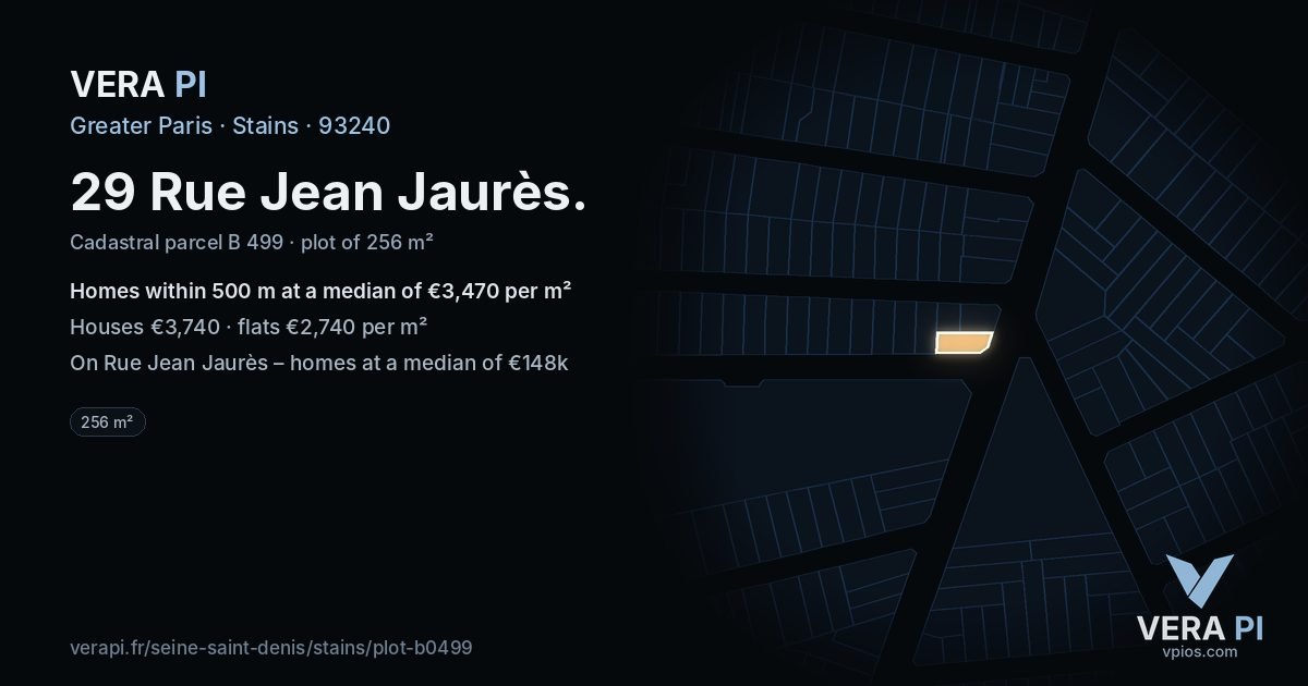 29 Rue Jean Jaurès, Stains at night – the plot lit, the parcels around coloured by the prices near them