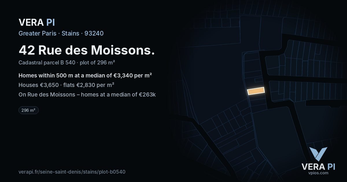 42 Rue des Moissons, Stains at night – the plot lit, the parcels around coloured by the prices near them