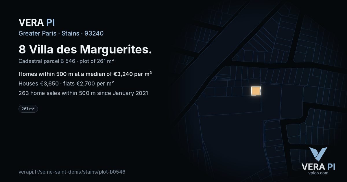 8 Villa des Marguerites, Stains at night – the plot lit, the parcels around coloured by the prices near them