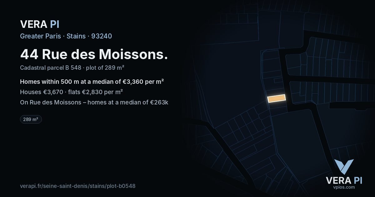 44 Rue des Moissons, Stains at night – the plot lit, the parcels around coloured by the prices near them
