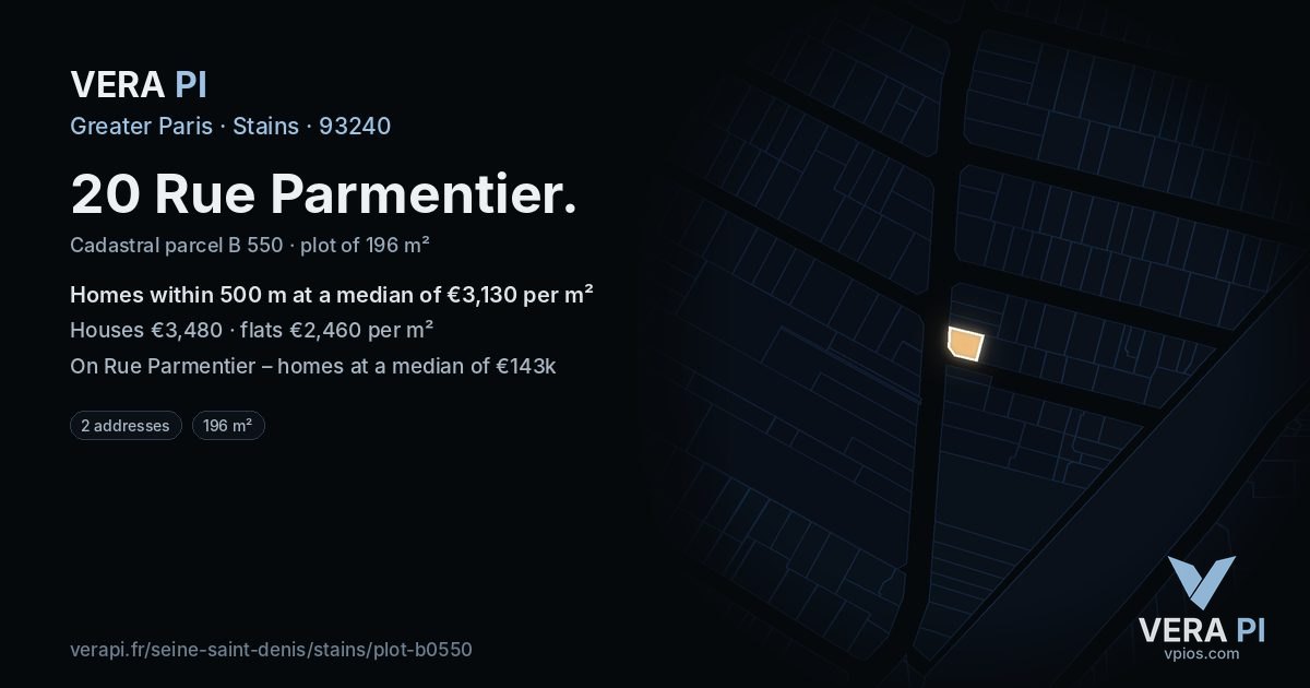 20 Rue Parmentier, Stains at night – the plot lit, the parcels around coloured by the prices near them