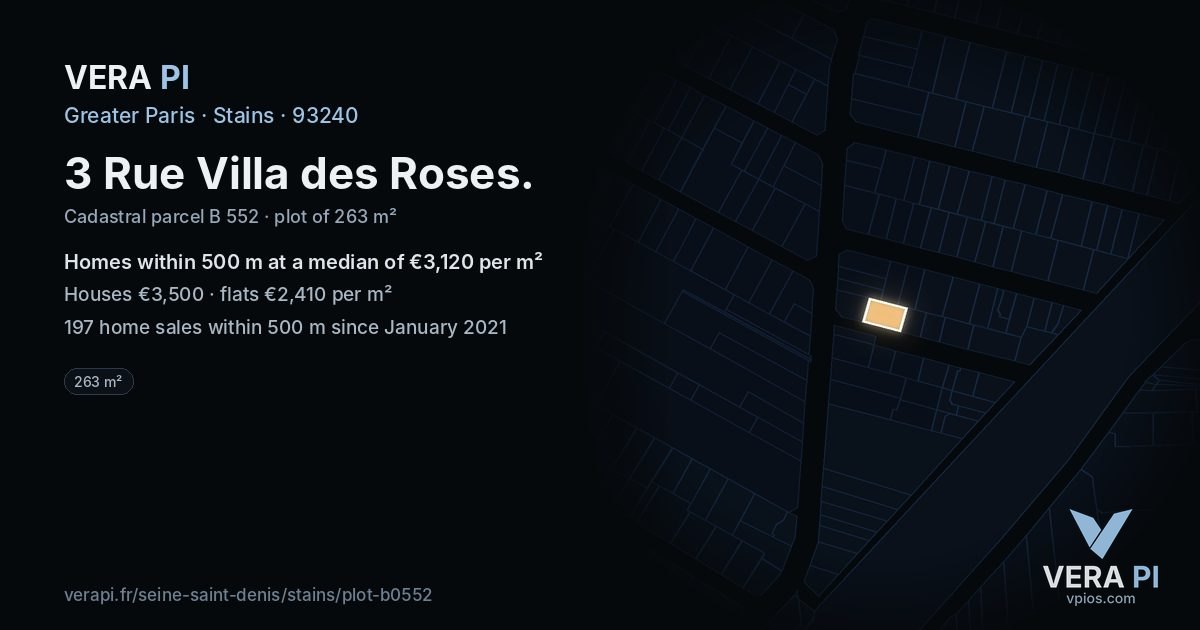 3 Rue Villa des Roses, Stains at night – the plot lit, the parcels around coloured by the prices near them