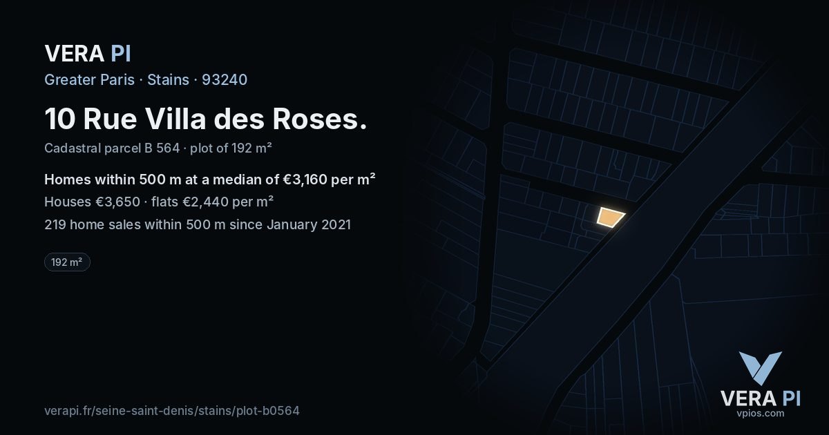 10 Rue Villa des Roses, Stains at night – the plot lit, the parcels around coloured by the prices near them