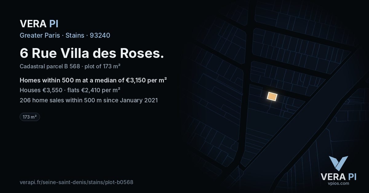 6 Rue Villa des Roses, Stains at night – the plot lit, the parcels around coloured by the prices near them