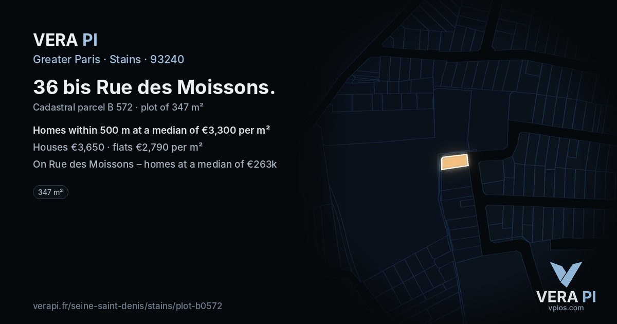 36 bis Rue des Moissons, Stains at night – the plot lit, the parcels around coloured by the prices near them