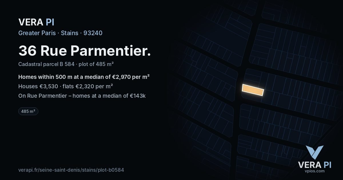 36 Rue Parmentier, Stains at night – the plot lit, the parcels around coloured by the prices near them