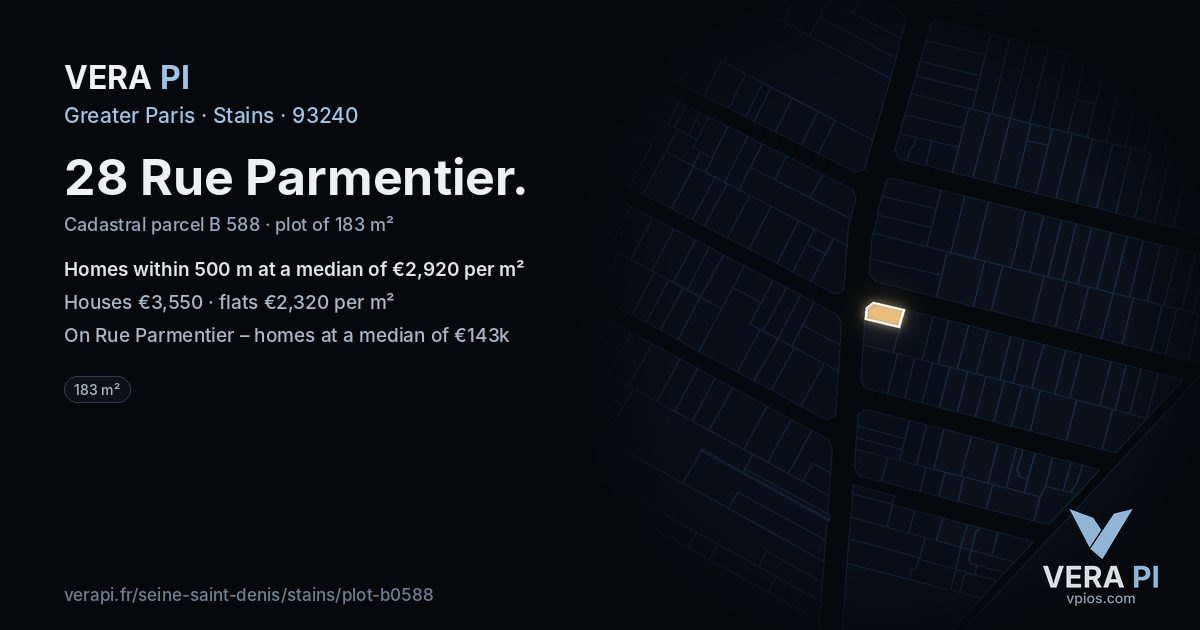 28 Rue Parmentier, Stains at night – the plot lit, the parcels around coloured by the prices near them