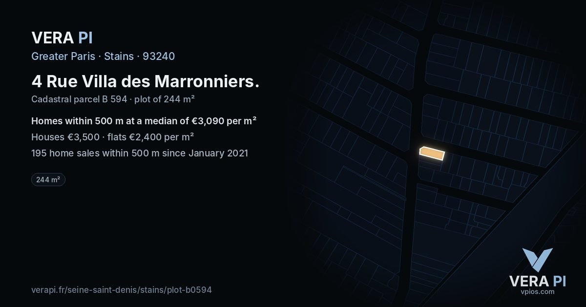 4 Rue Villa des Marronniers, Stains at night – the plot lit, the parcels around coloured by the prices near them